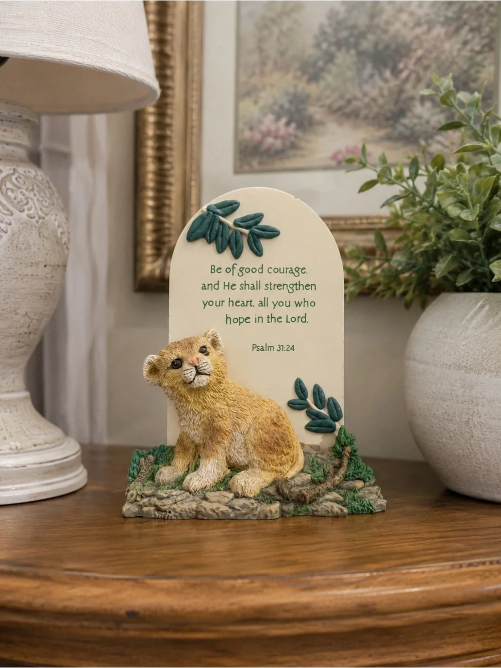 Psalm 31:24 Lion Cub Standing Plaque - Cream and Tan